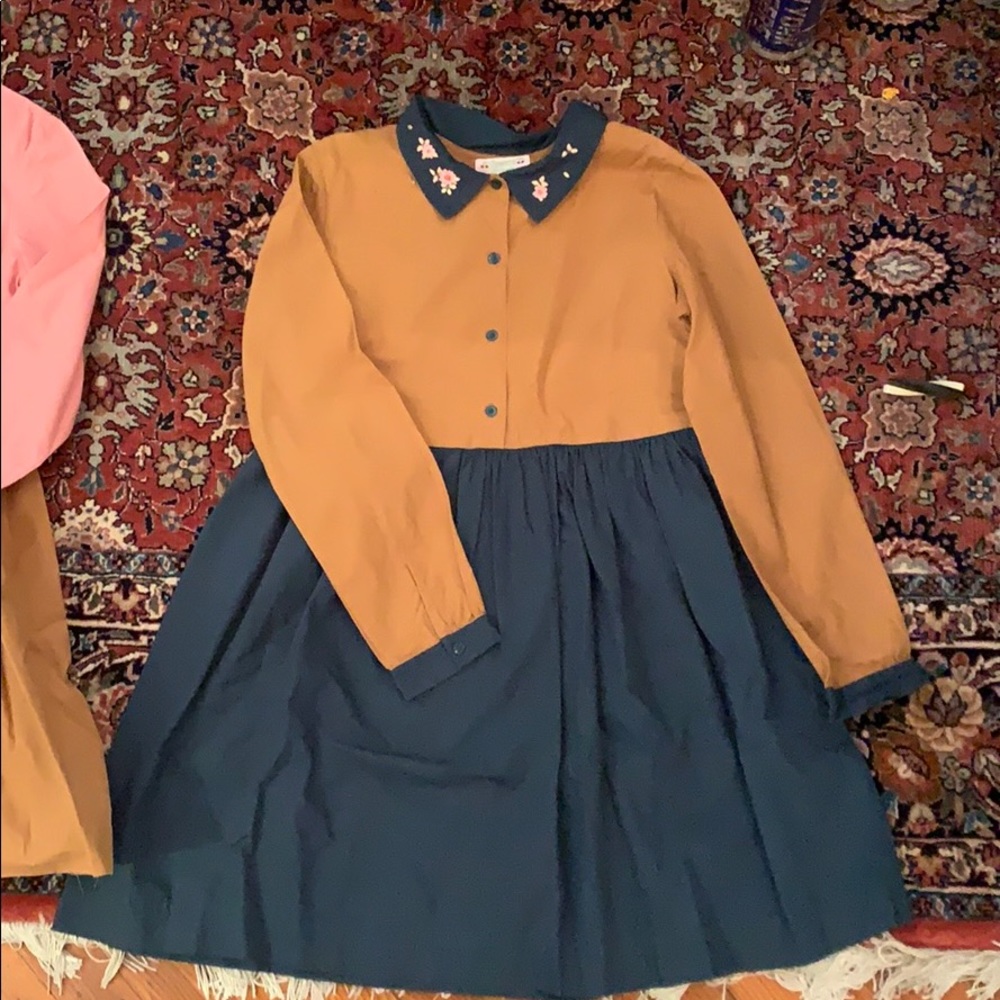 Bonpoint girls shirtdress in teal/camel